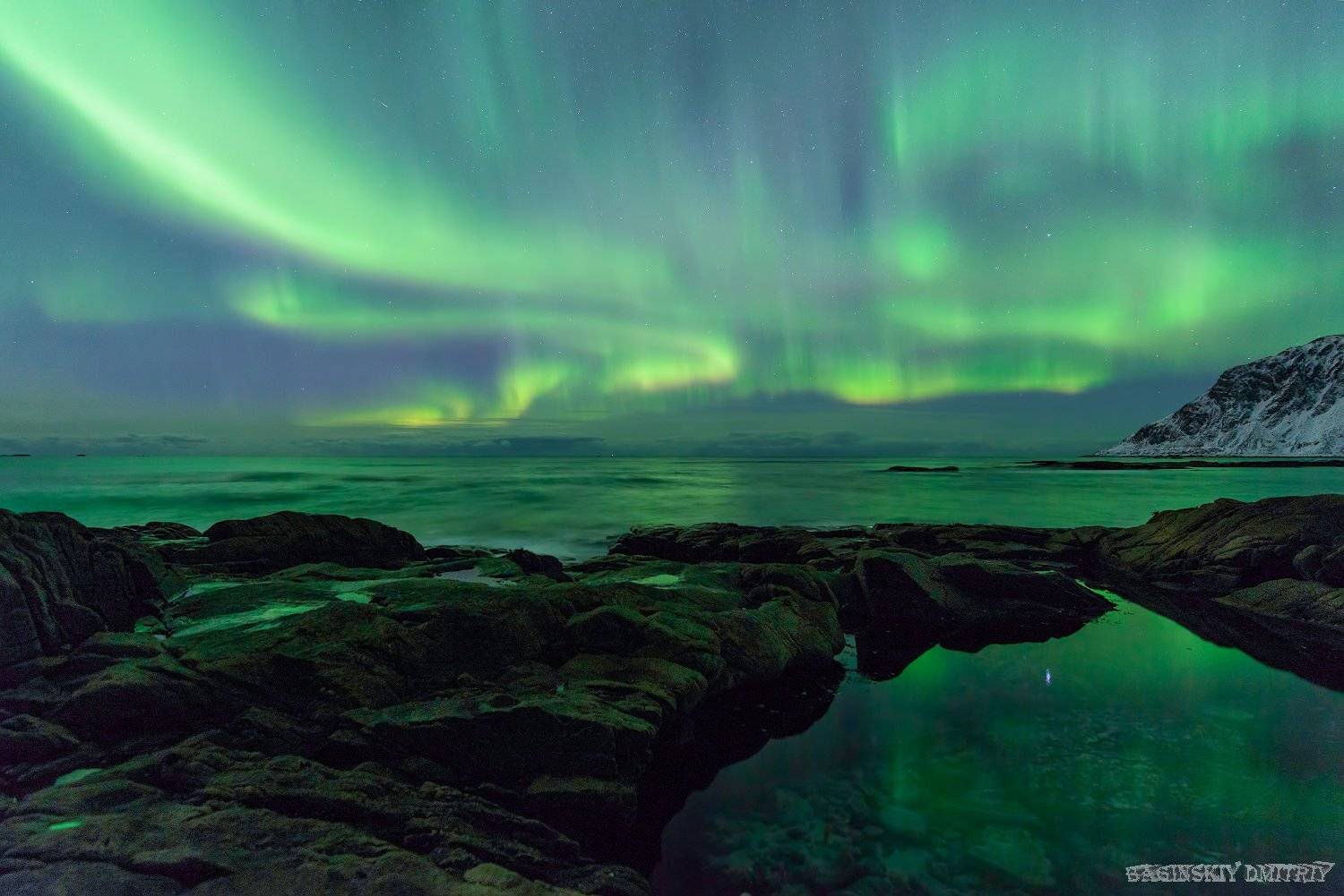 полярное сияние, ночь, небо, звезды, пляж, норвегия, Dmitriy  Baginskiy