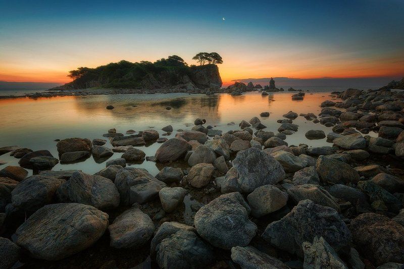 приморье, море, рассвет, скалы, сосны, заповедник Заповедное Приморье фото превью