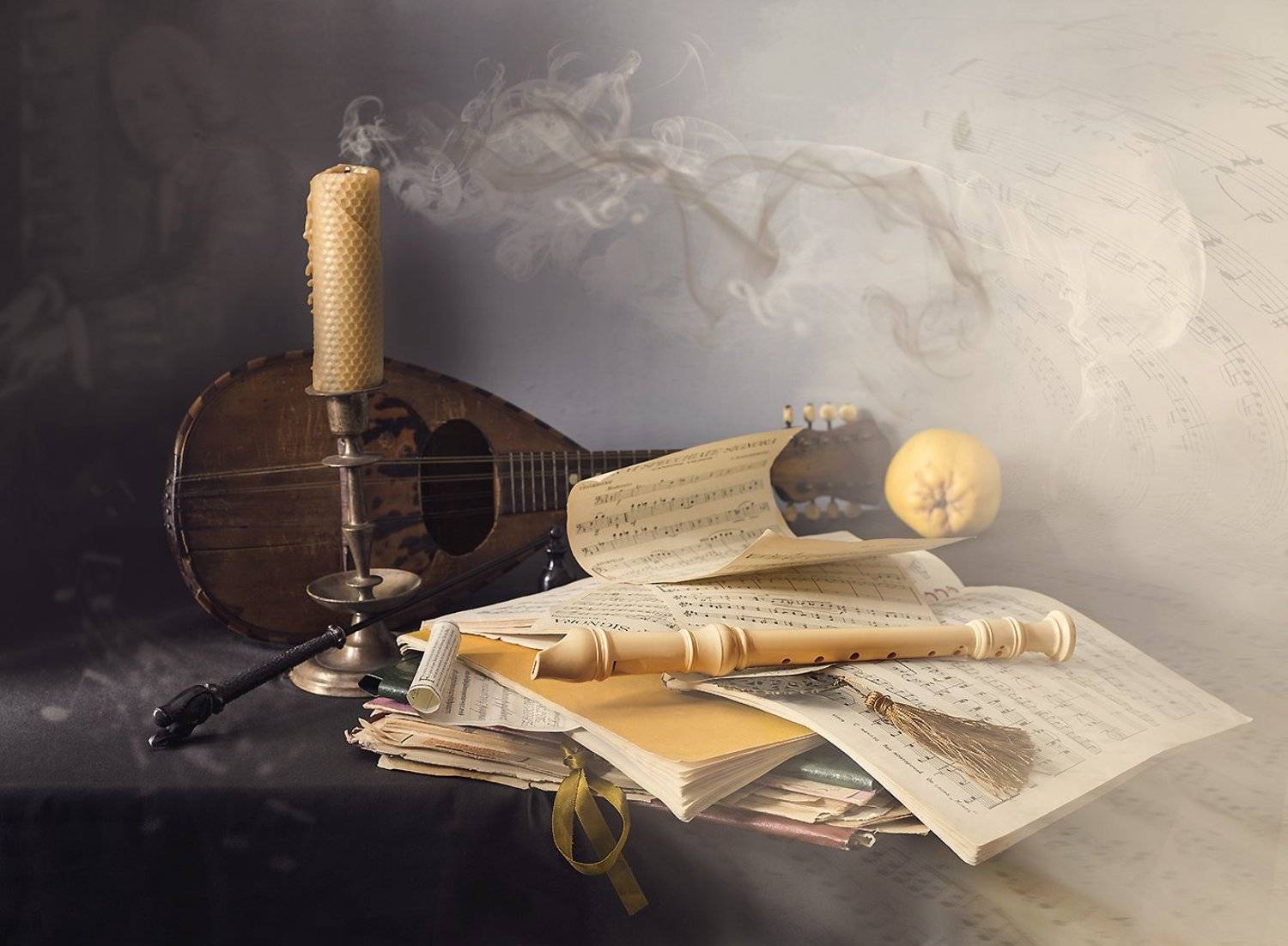 натюрморт, мандолина, флейта, ноты, свеча,, Tatyana Karachkova