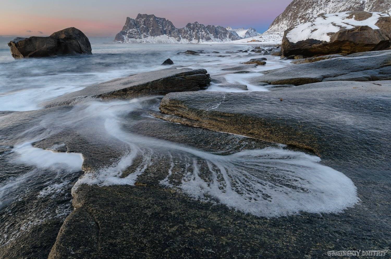 норвегия, пляж, закат, море, камни, горы, Dmitriy  Baginskiy