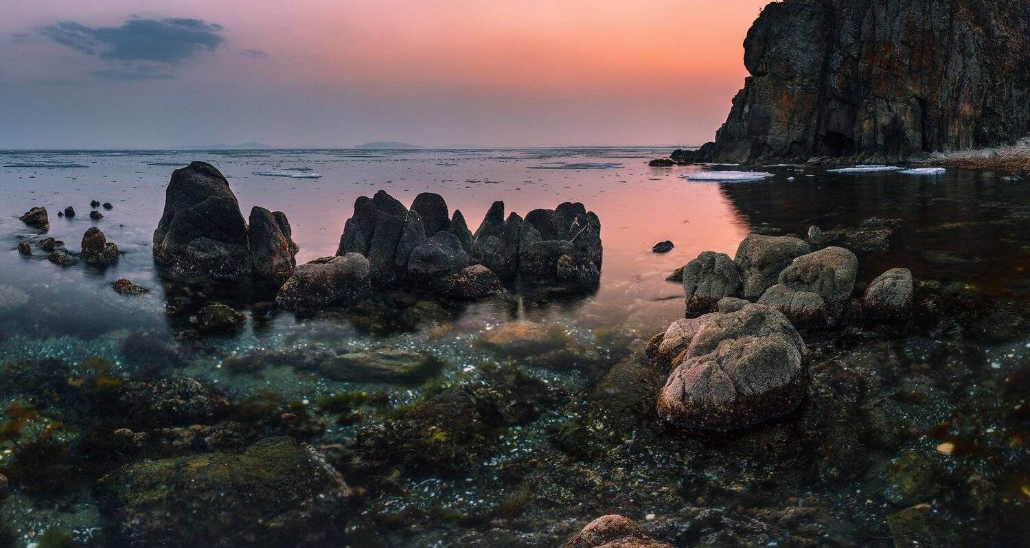 панорама, весна, вечер, море, скалы, камни, Андрей Кровлин