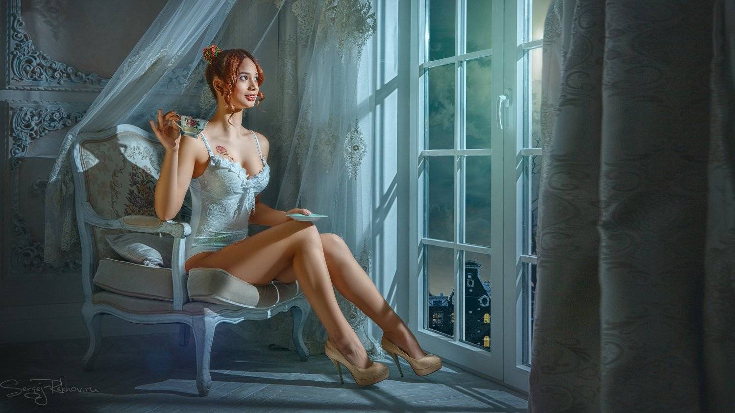 ночь, девушка, мечты, луна, студия, Сергей Рехов