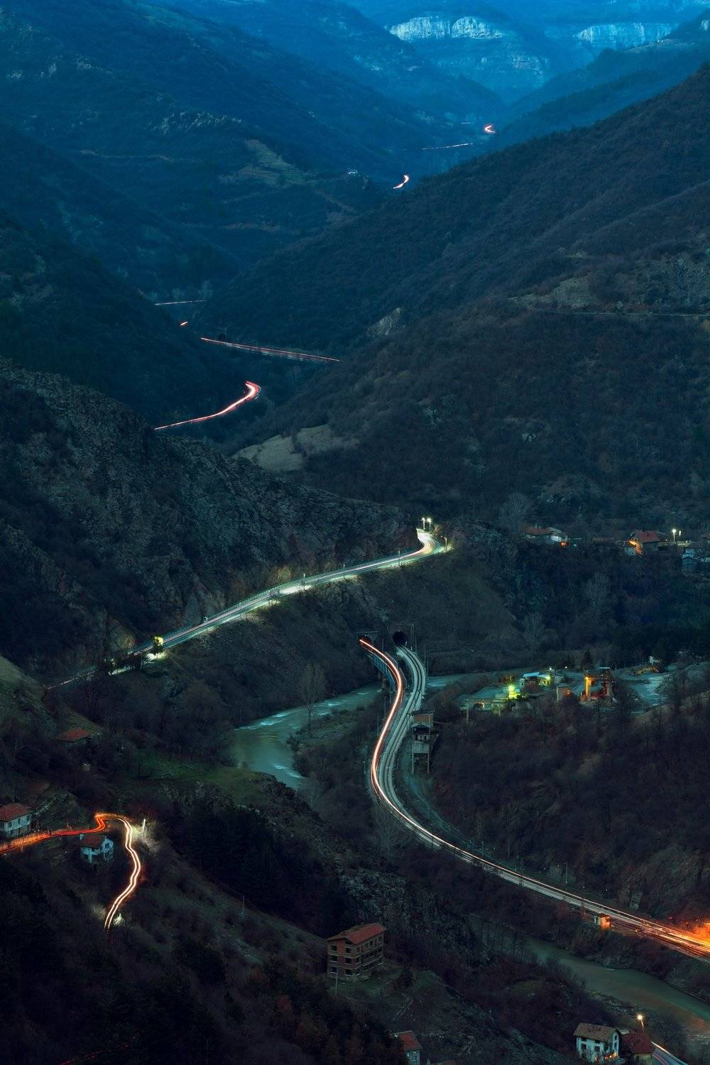 nature, landscape, forest, mountain, tree, lights, car, train, trails, night, sunset, Иван Димитров