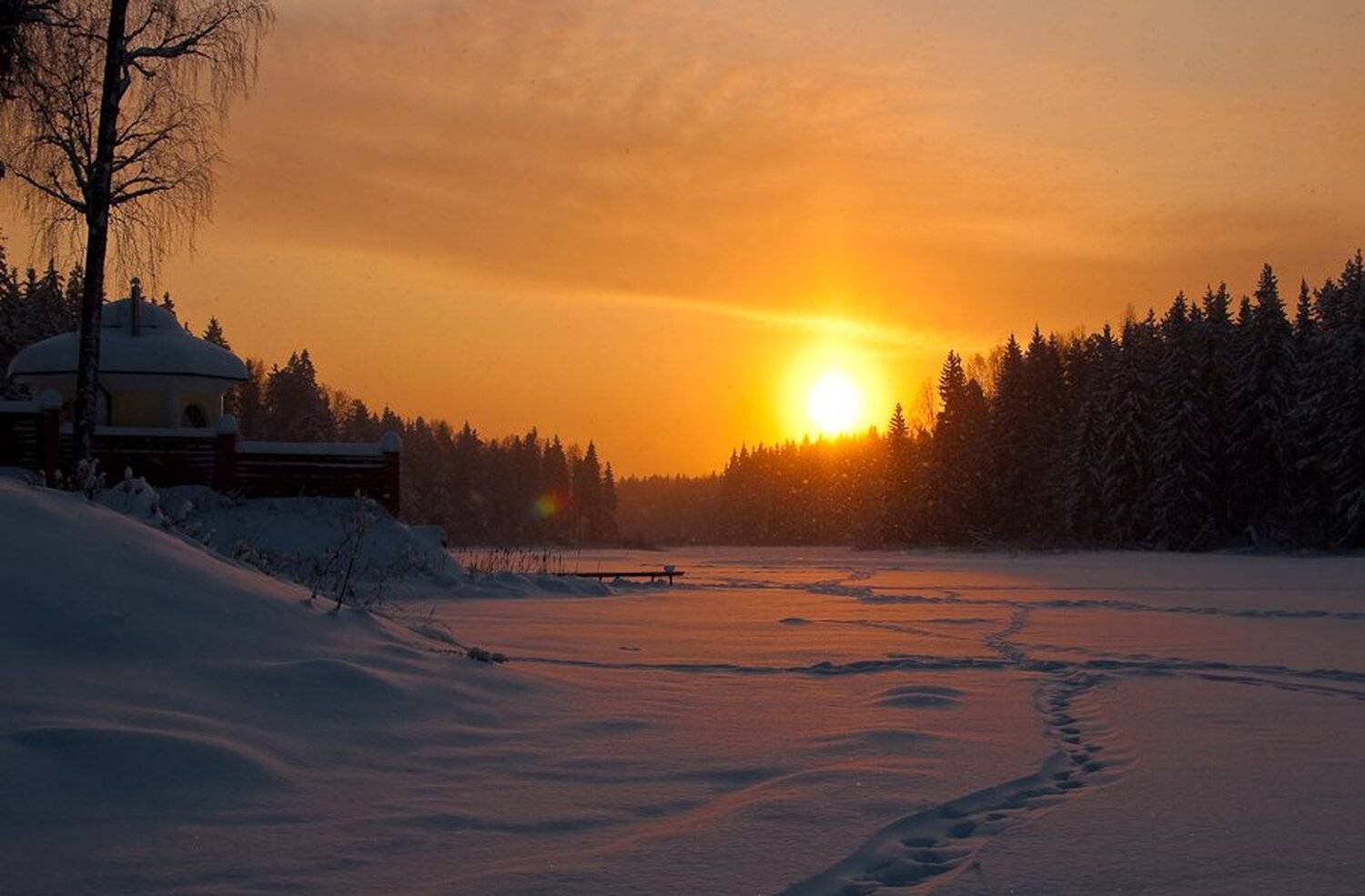 зима, закат, солнце, снег, Алексей