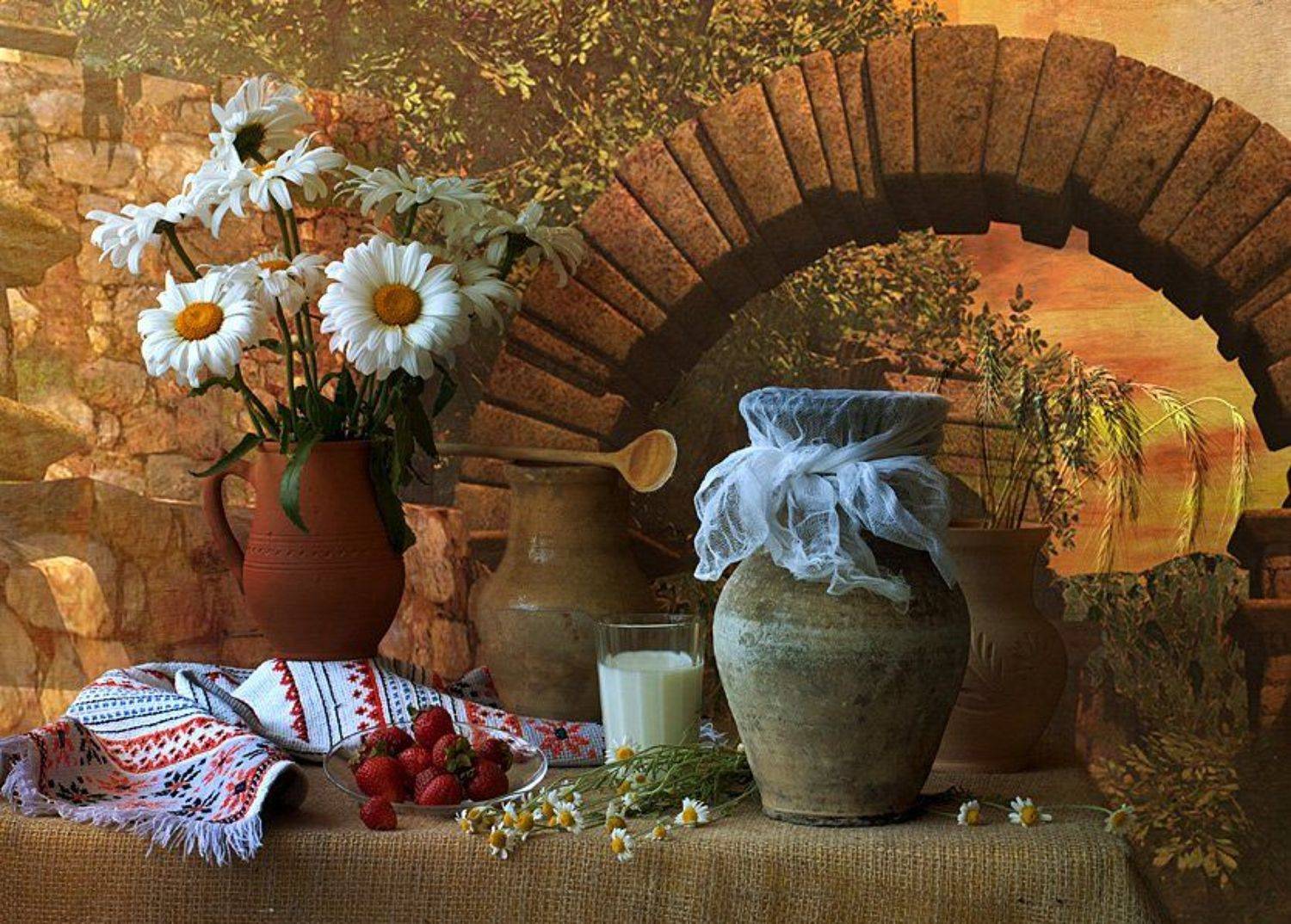 funtry, букет, ваза, глечики, горшки, дача, дерево, керамика, клубника, колоски, композиция, лето, ложка, мешковина, молоко, натюрморт, ромашки, рушник, стакан, цветы, funtry