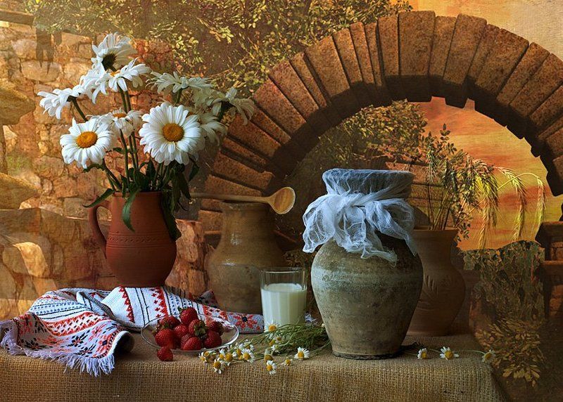 funtry, букет, ваза, глечики, горшки, дача, дерево, керамика, клубника, колоски, композиция, лето, ложка, мешковина, молоко, натюрморт, ромашки, рушник, стакан, цветы Летний, деревенский фото превью