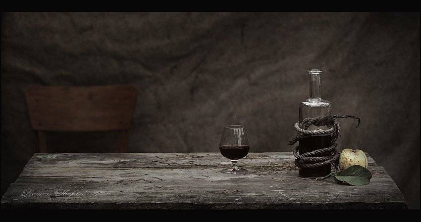 бутылка, вино, бокал, яблоко, Роман