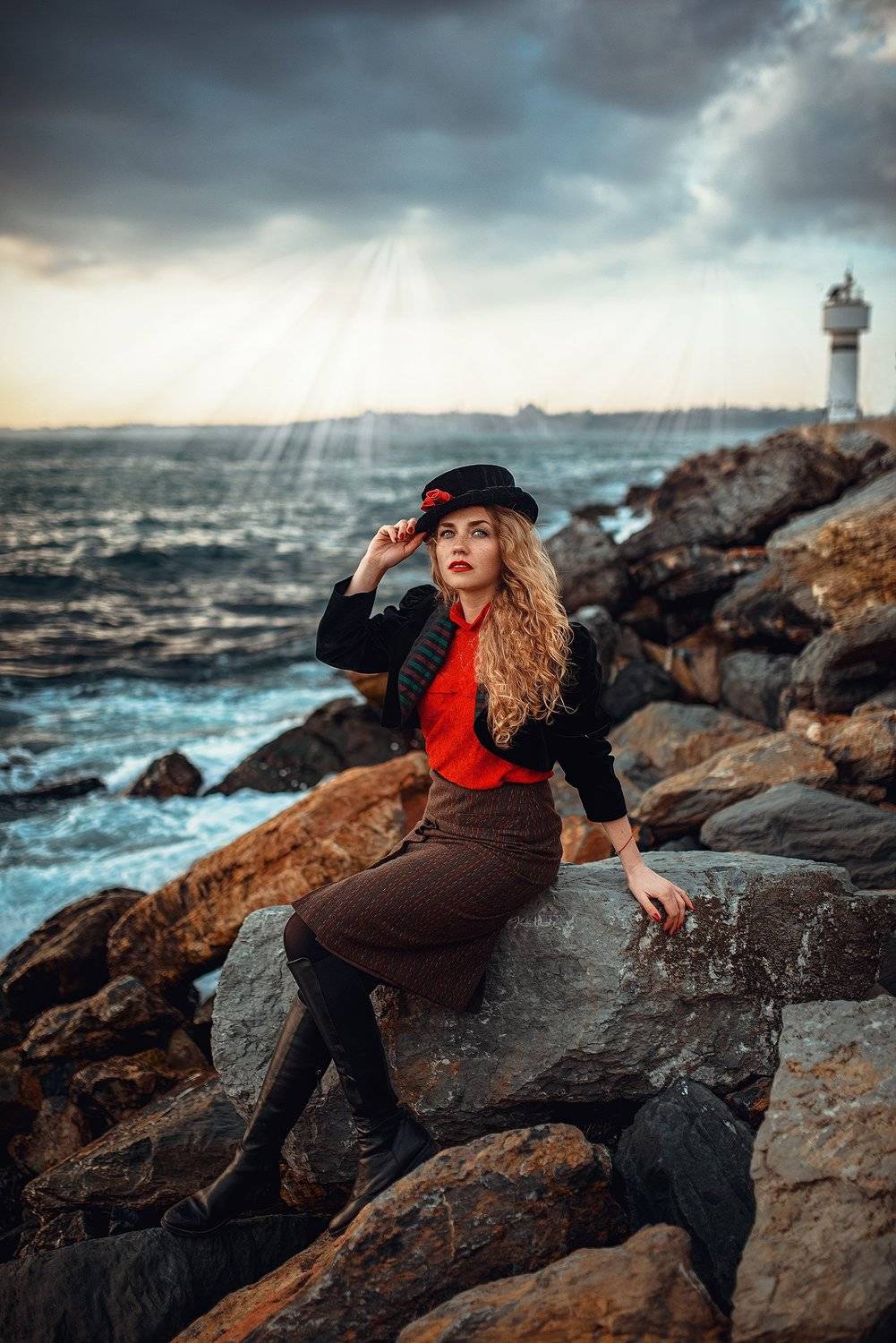 model, retro, red, vintage, bosphorus, sea, istanbul, hair, eyes, face, beautiful, clouds, pretty, art, модель, Каан Алтындал