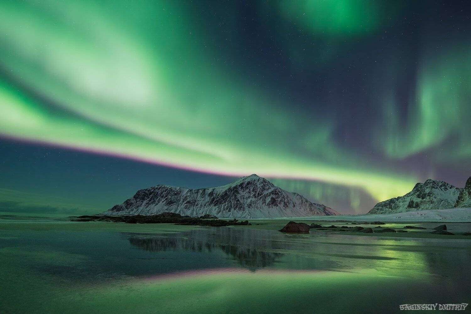 поляроное сияние, звезды, норвегия, пляж, горы, ночь, небо, море, Dmitriy  Baginskiy