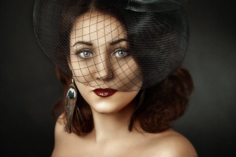 винтаж, аксессуар, шляпа, сетка, свет, студия, портрет, женский портрет, в студии, мягкий свет, постановка, крупный портрет винтаж фото превью