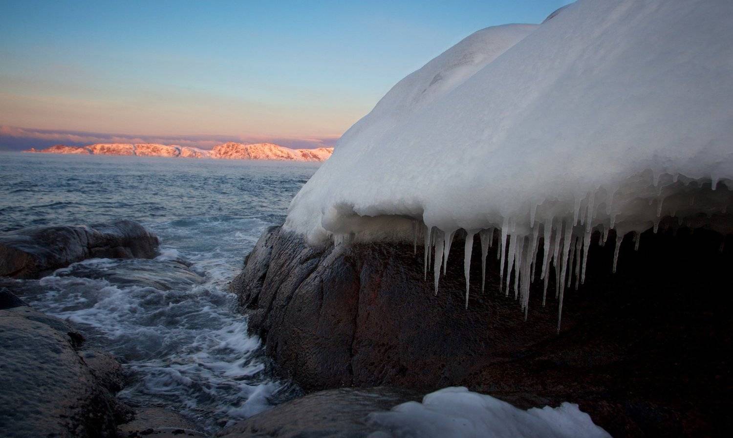 Териберка, закат, снег, лед, сосульки, берег. Баранцево море, Никифоров Егор