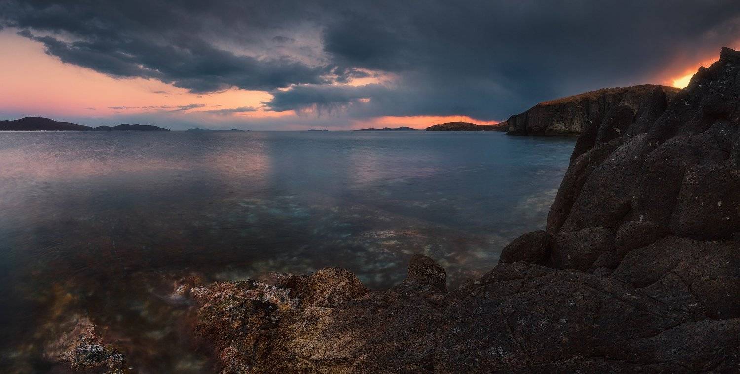 сумерки, скалы, море, камни, Андрей Кровлин