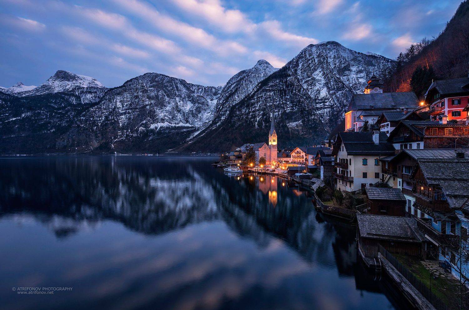 Hallstatt, Austria, Upper Austria, village, Alps, mountains, lake, lights, cityscape, time blending, church, reflections, water, snow, winter, Andrey Trifonov