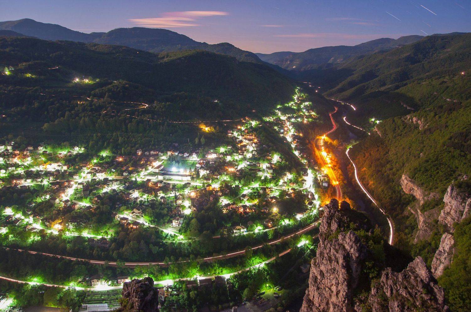 night, landscape, mountain, sky, stars, lights, cat, train, way, travel, Иван Димитров