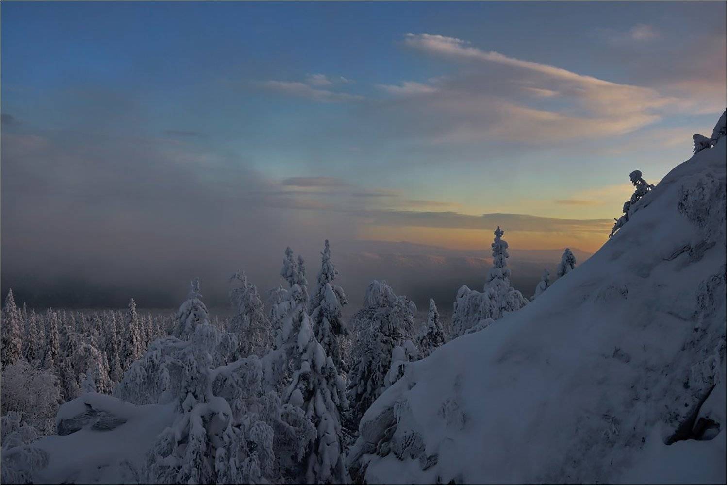 закат,туман,зима,горы,деревья, Кондратьев Алексей