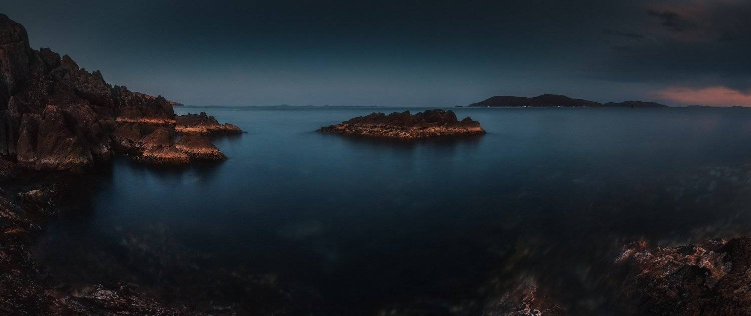панорама, сумерки, весна, море, скалы, камни, Андрей Кровлин