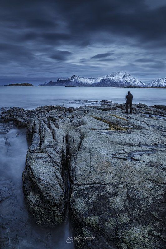 landscape, seascape, long exposure, lofoten, norway, cloud, rock, sea, blue, mountain Blue day in Lofoten фото превью