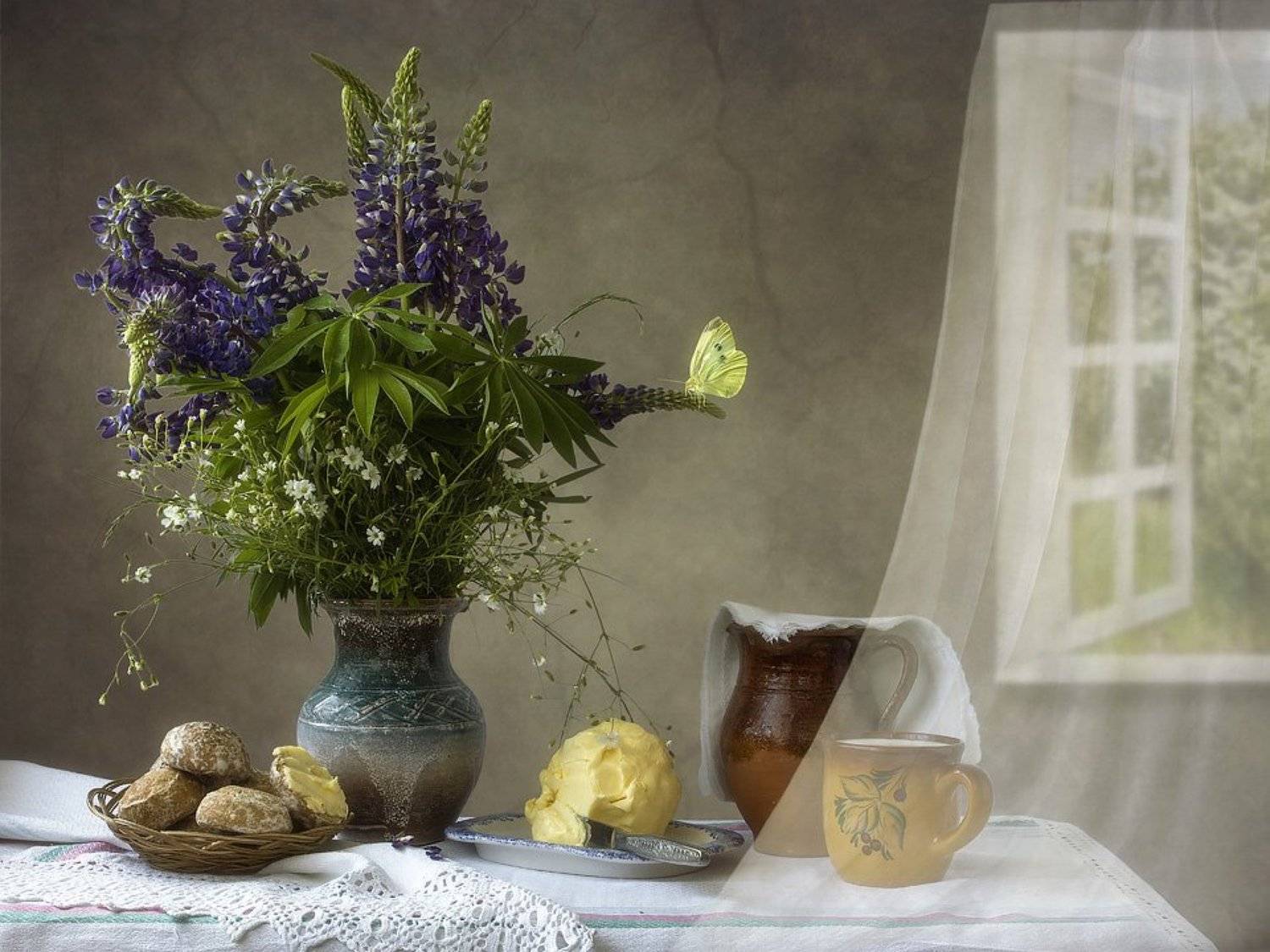 натюрморт, букет, бабочка, масло, молоко, пряники, Ирина Приходько