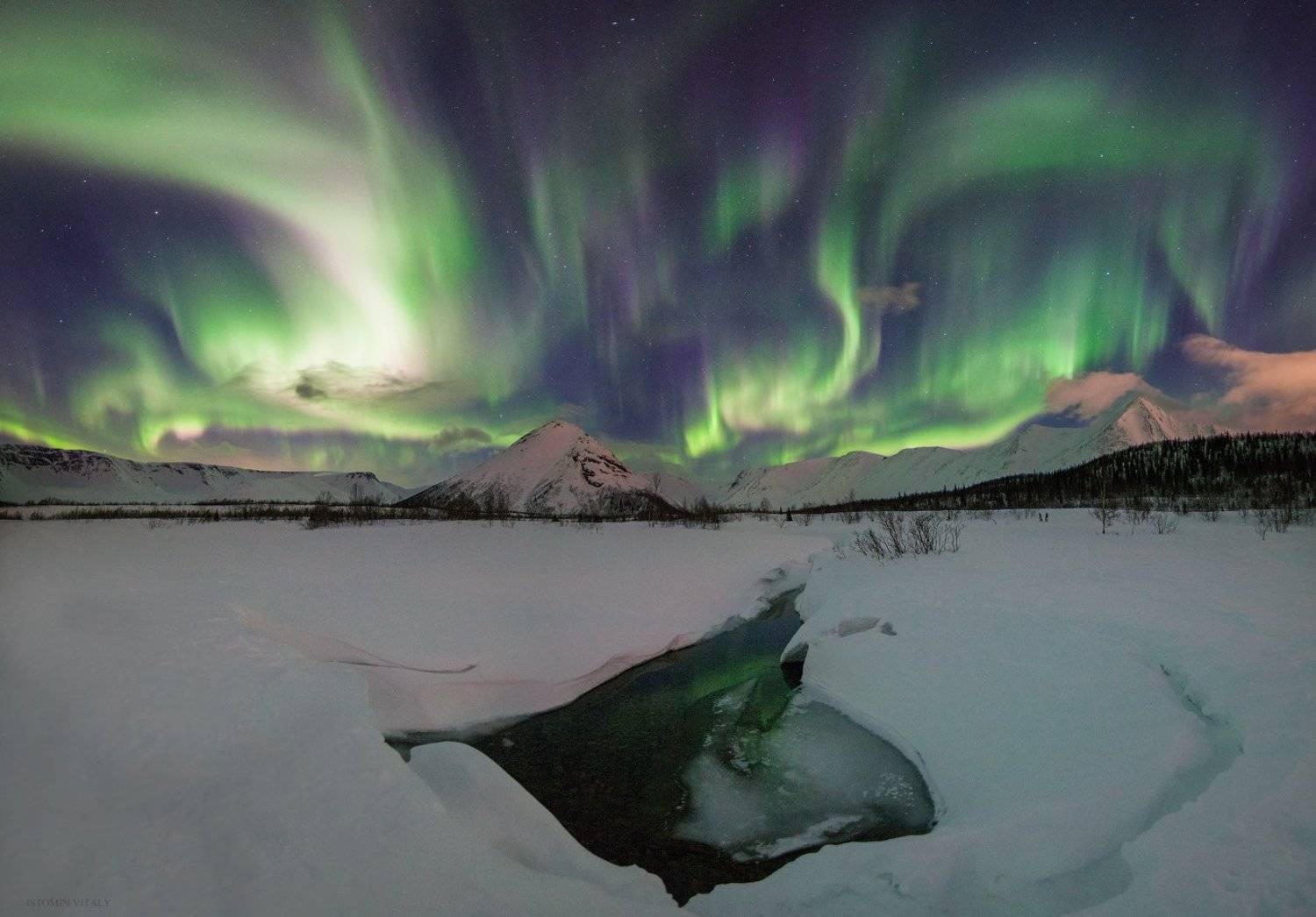пейзаж,сияние,панорама,свет,река,горы,хибины,россия,ночь,красиво, Виталий Истомин