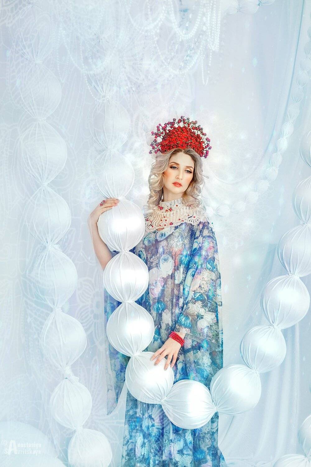 голубой, кокошник, девушка, цветы, тонкая, Настя Саврицкая