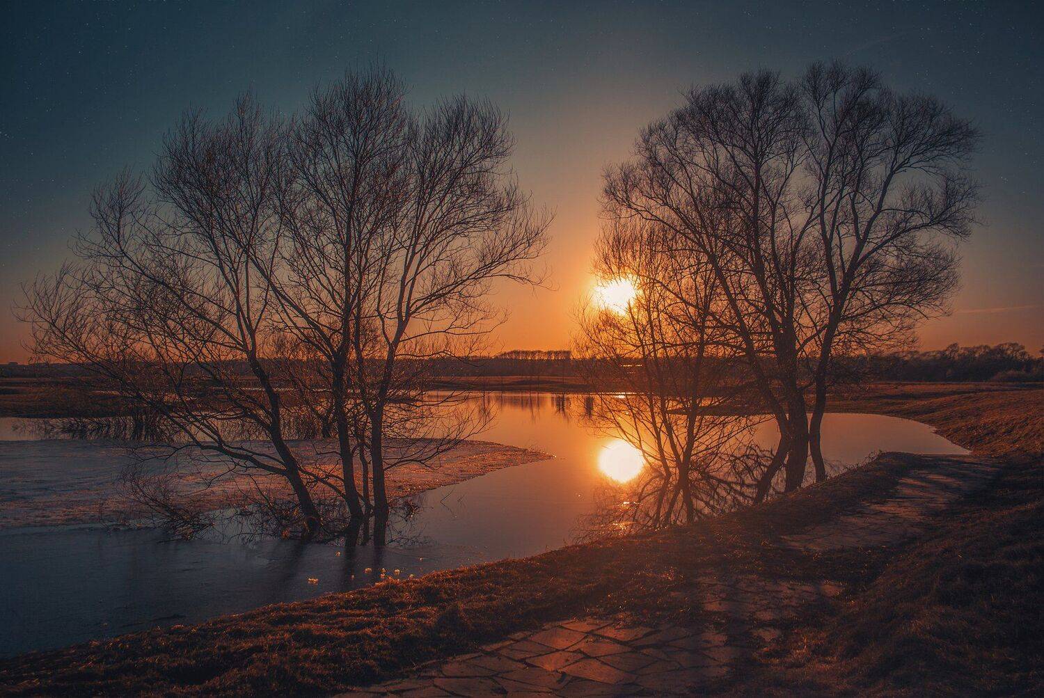 пейзаж, природа, закат, весна, разлив, река, поле, Екатерина