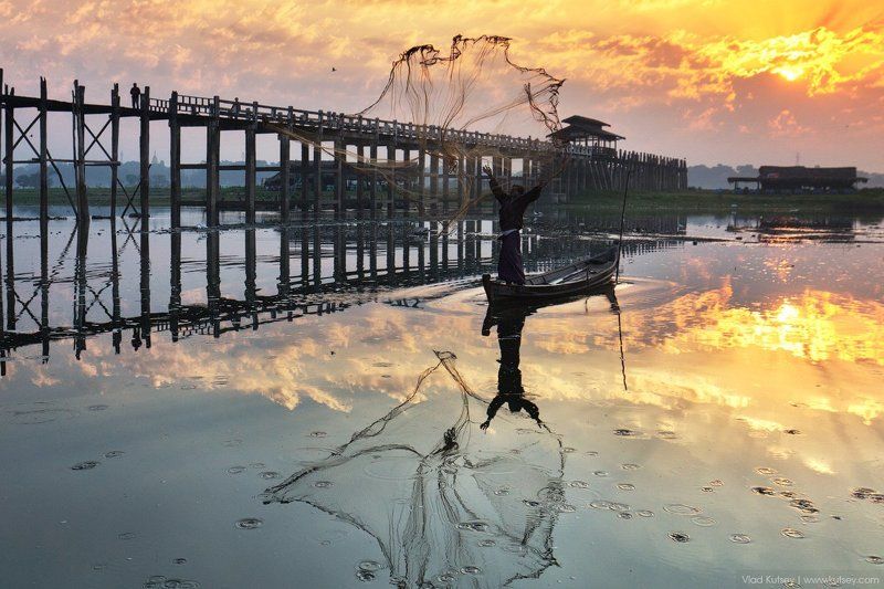 амарапура, утро, рыбак, рыбалка, сети, мост, бирма, мьянма, мандалай, amarapura, burma, myanmar, sunrise, ubein, bridge, teakwood, рассвет, fisherman Утро на озере фото превью