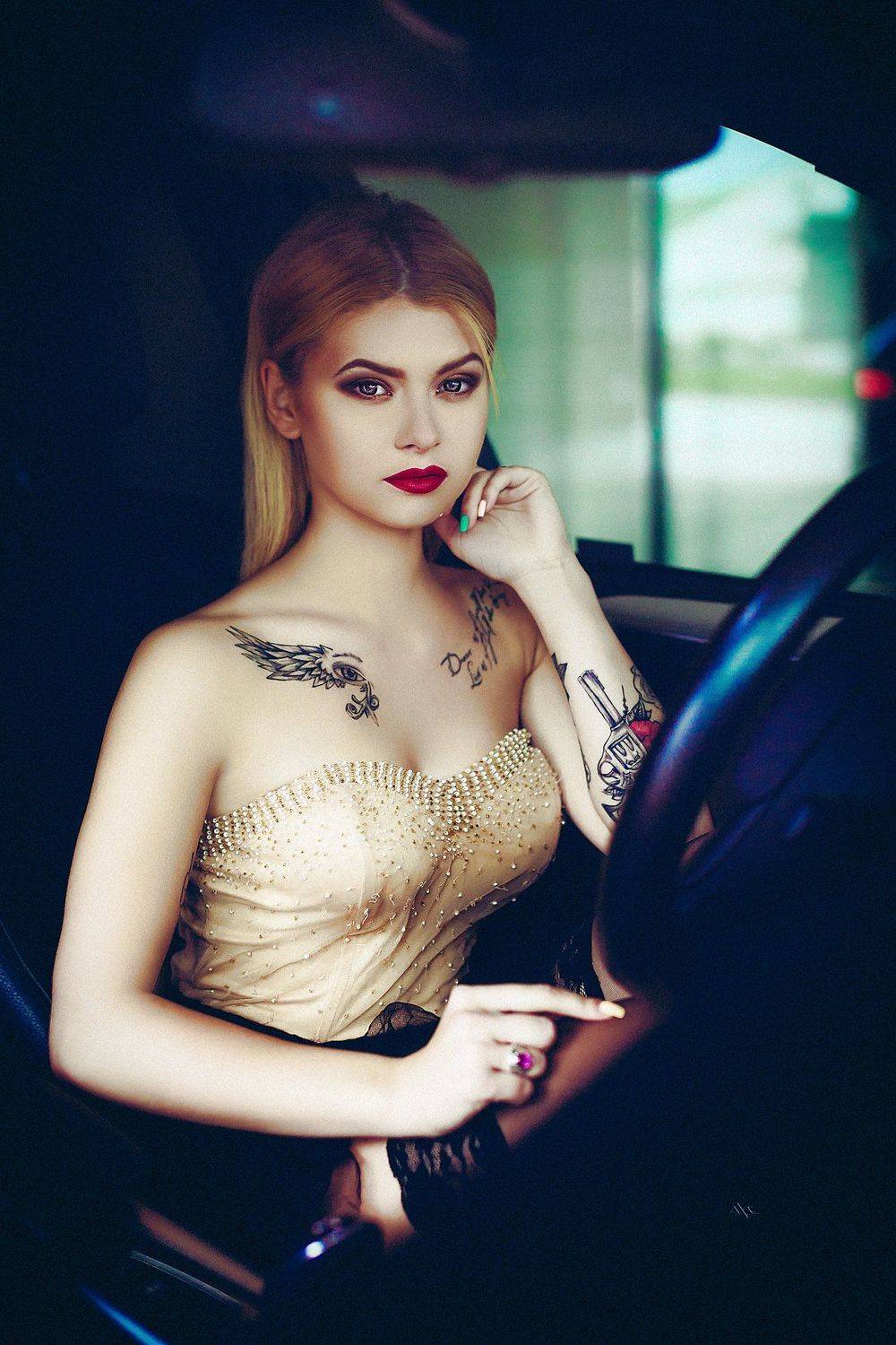 woman, portrait, car, tattoo, beauty, Руслан Болгов (Axe)
