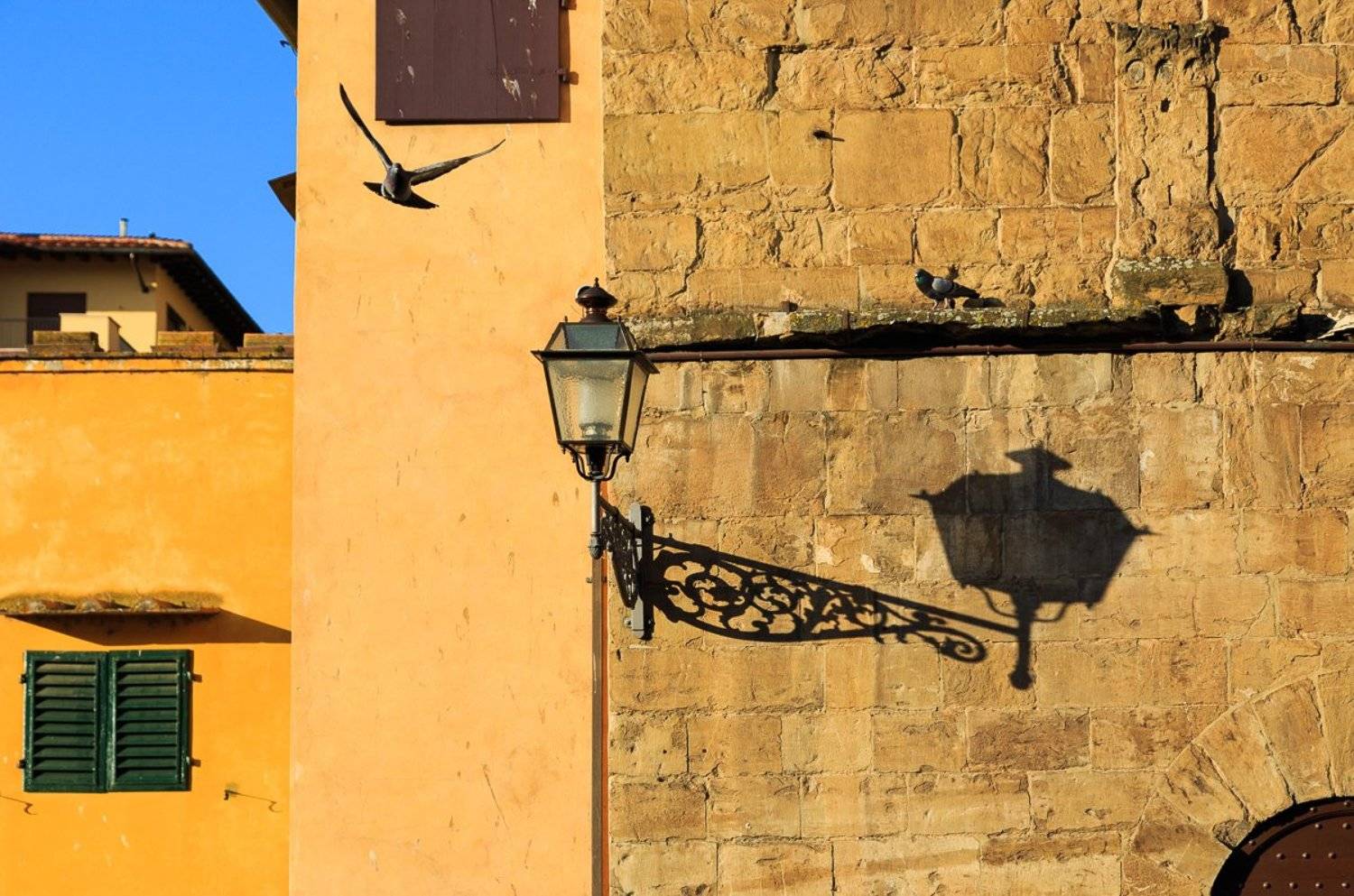 italy,florence,tuscany,city,street,spring,evening,wall,sky,lamp,bird,shadow,light,blue,yellow, Алексей Гусев