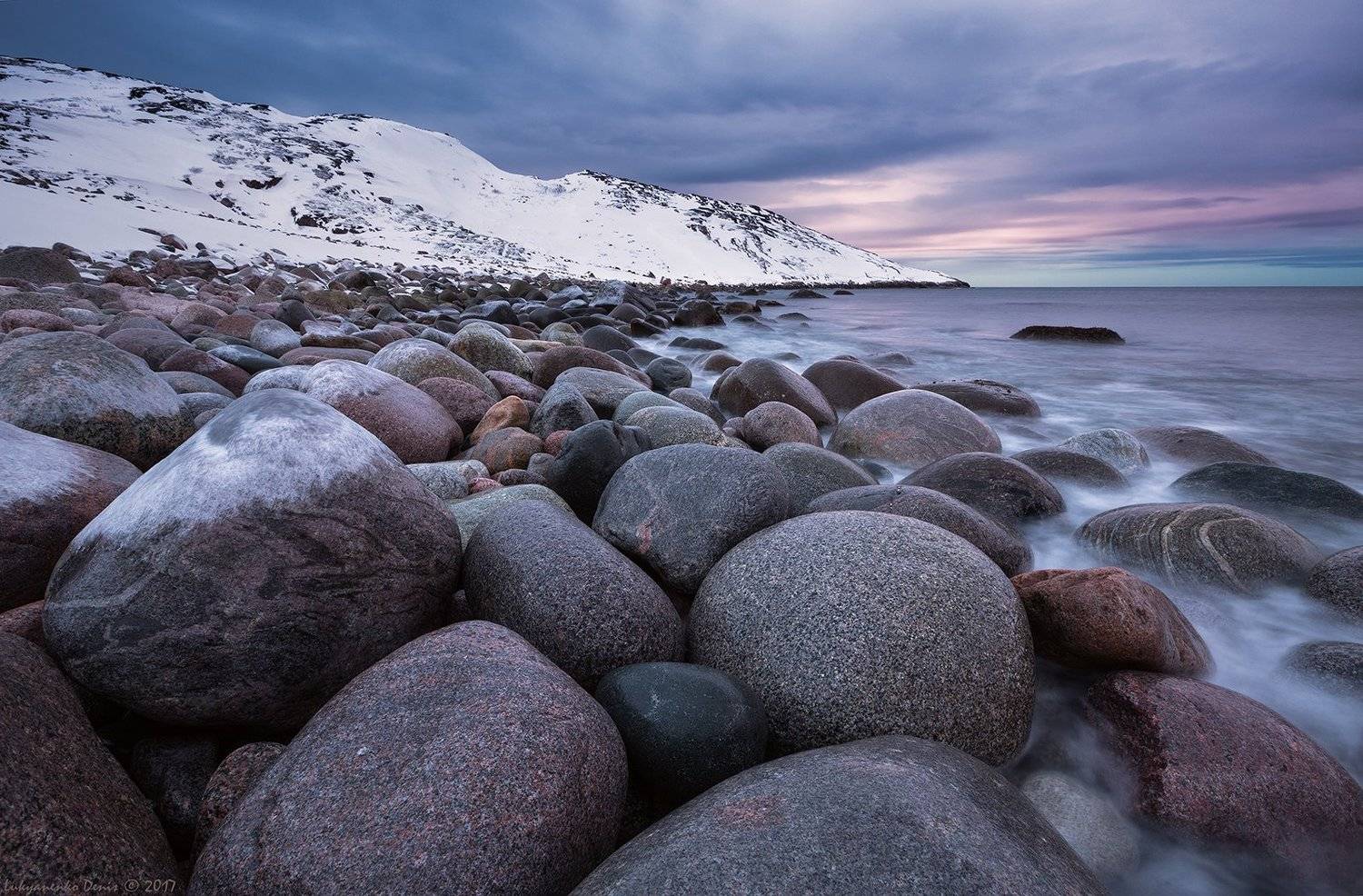 2017, весна, вода, море, океан, берег, вечер, камни, закат, волны, облака, снег, териберка, баренцевое море, кольский, Денис Лукьяненко