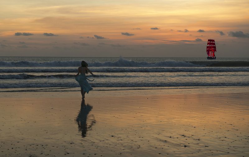 закат, океан, девушка, ксазка, алые паруса Ассоль фото превью