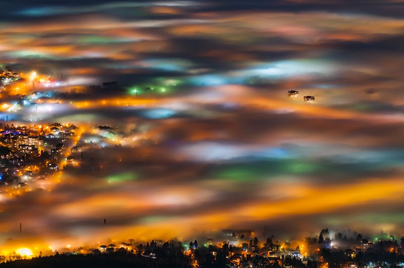 night, fog, foggy, landscape, city, light София фото превью