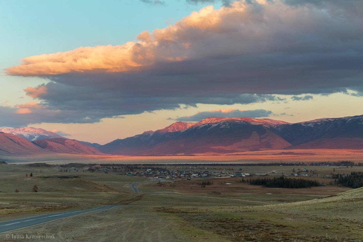 landscape, scenic, nature, view, mountains, sky, altitude, evening, sunset, blue, golden, pink, green, valley, village, snow, color, mountain ridge, spring, alpine steppe, clouds, Altai, Kurai , Казмерчук Юлия