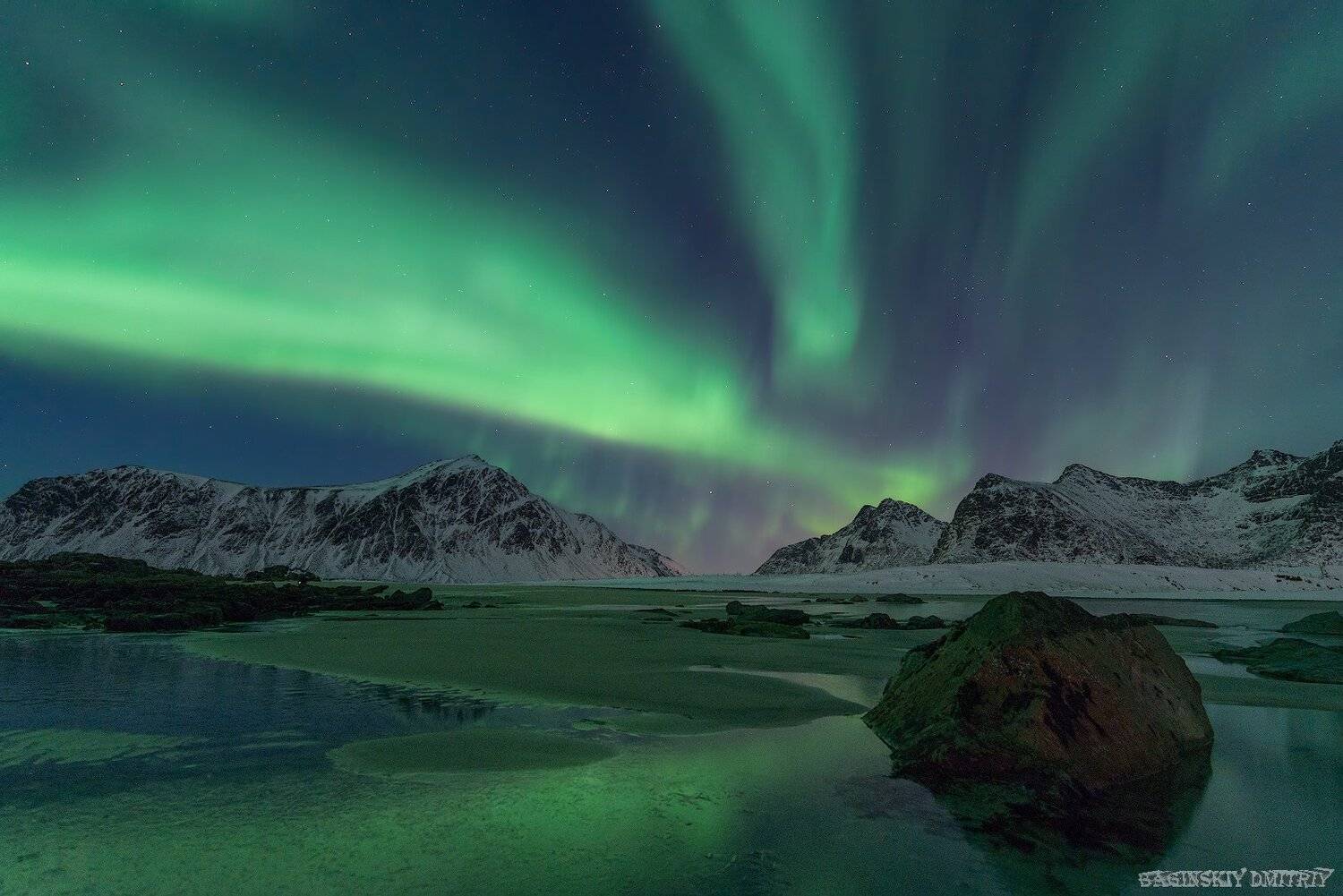 пейзаж, норвегия, полярное сияние, горы, пляж, Dmitriy  Baginskiy