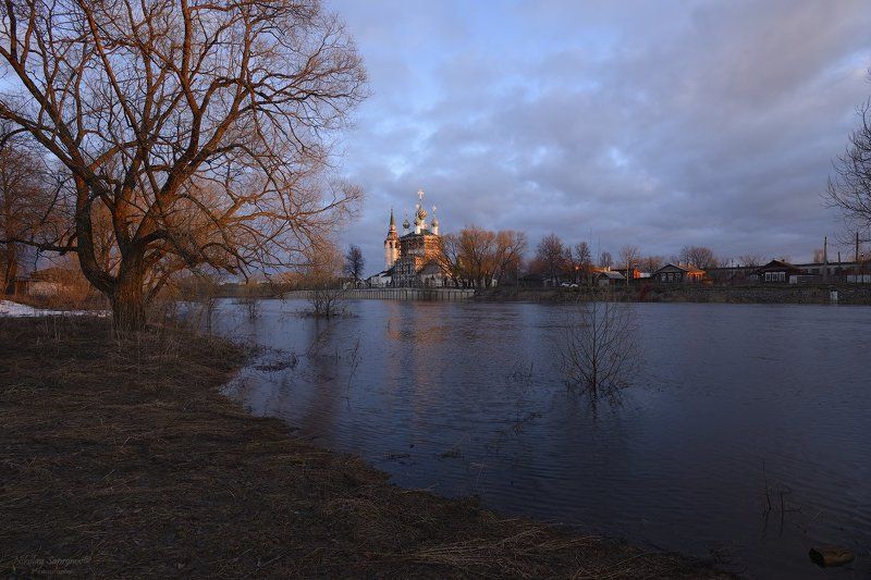 холуй, теза, ивановская область, троицкий храм, разлив, утро, рассвет, сельский пейзаж, choluy \