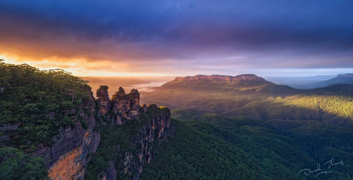 mountain, landscape, sunrise, light, three sisters, blue mountains, sydney, Derek Zhang
