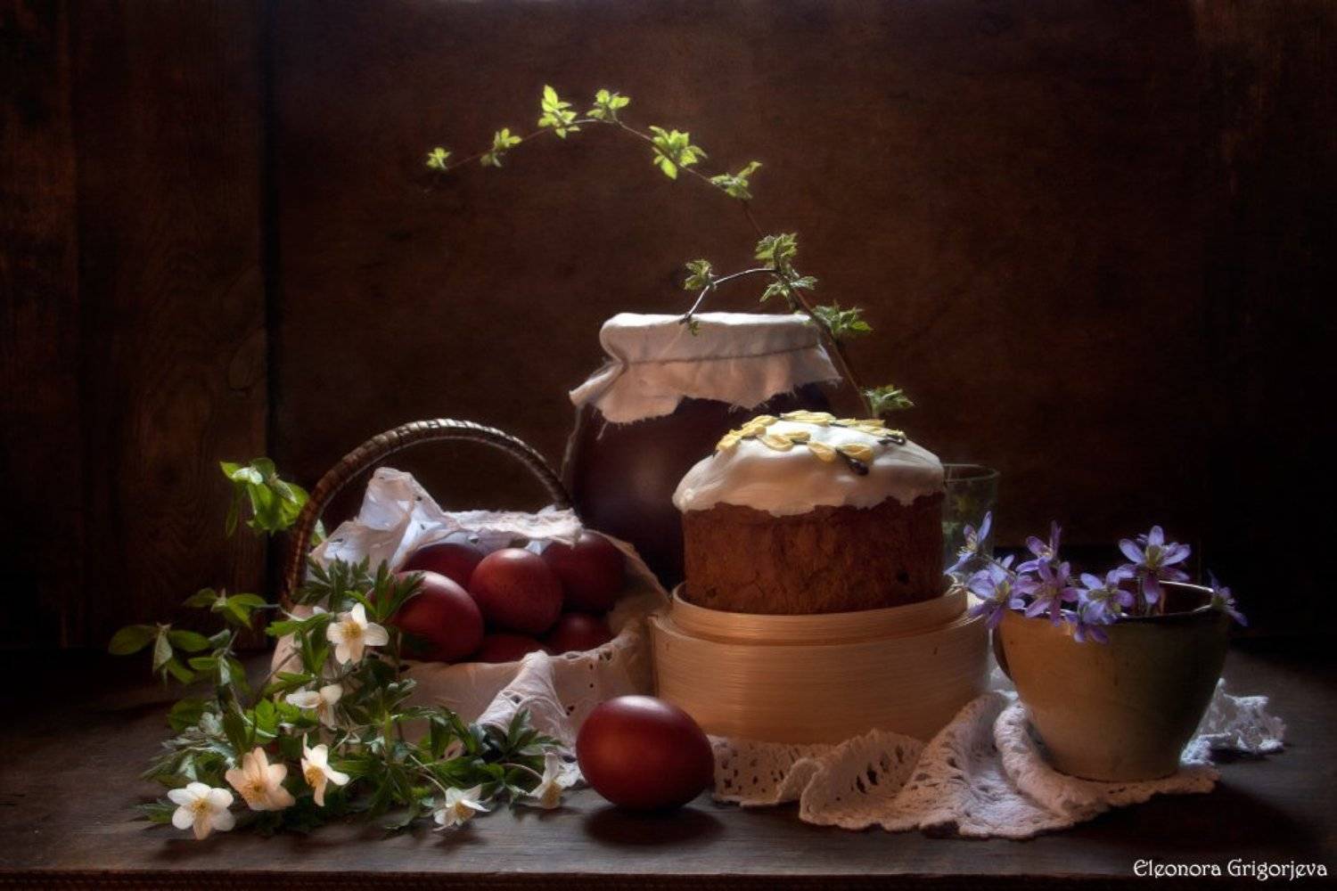 пасха, кулич, яйца, крашенки, первоцветы, натюрморт, Eleonora Grigorjeva