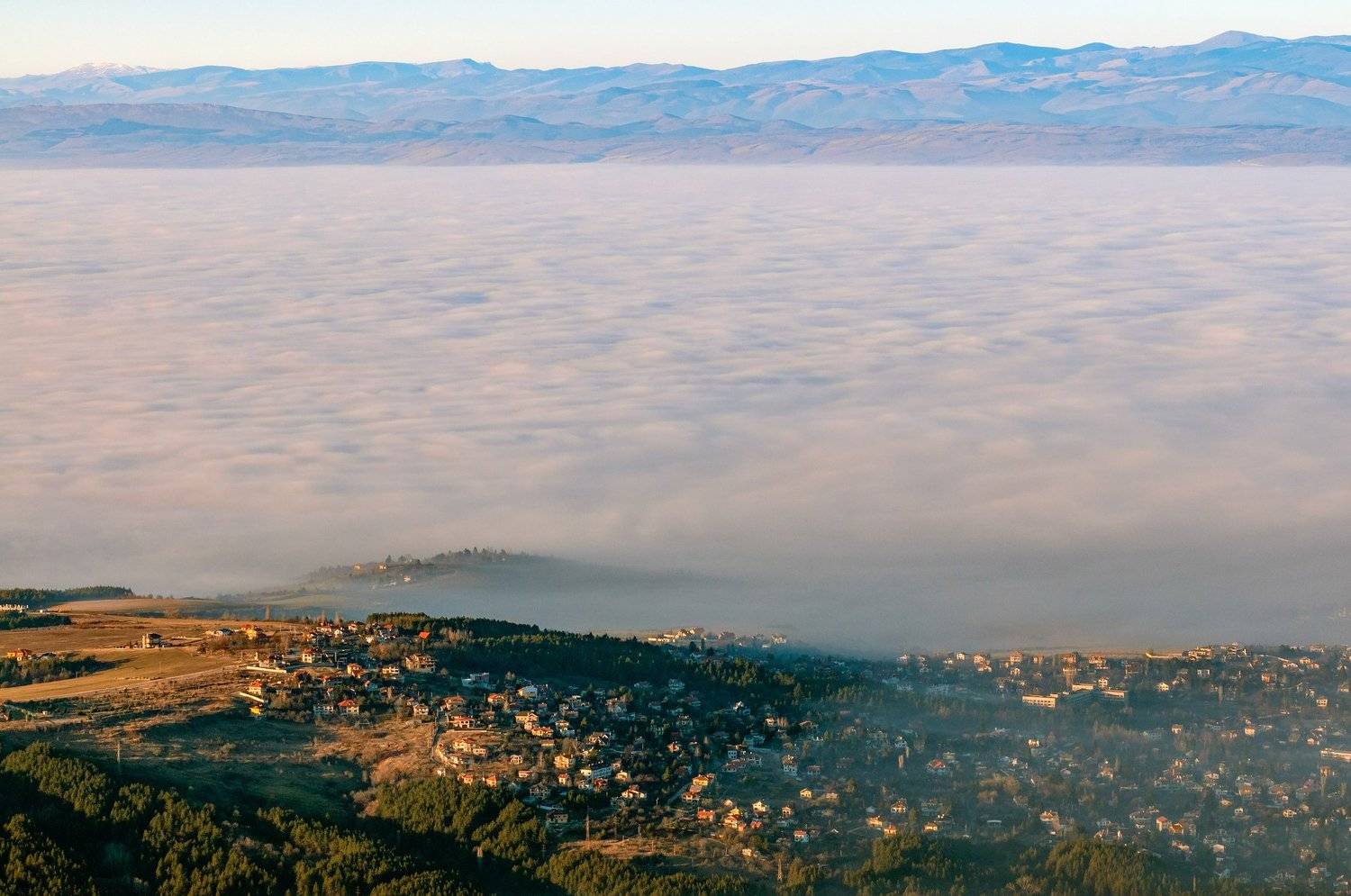 fog, foggy, city, landscape, mountain, house, sky, sun, sunset, Иван Димитров