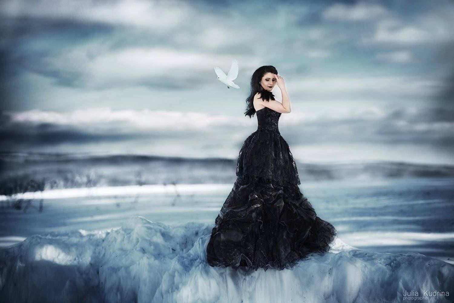 голуби черное платье зима девушка, Юлия Кудрина