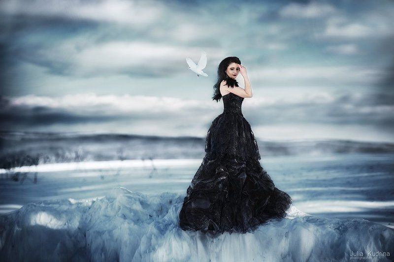 голуби черное платье зима девушка  фото превью