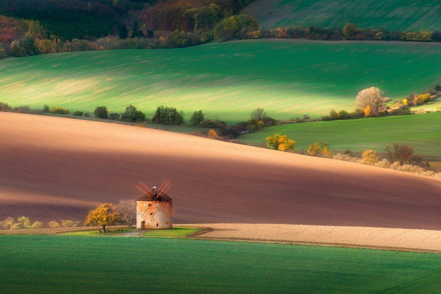 мельница, поля, моравия, осень, холмы, волны, Cтанислав Малых
