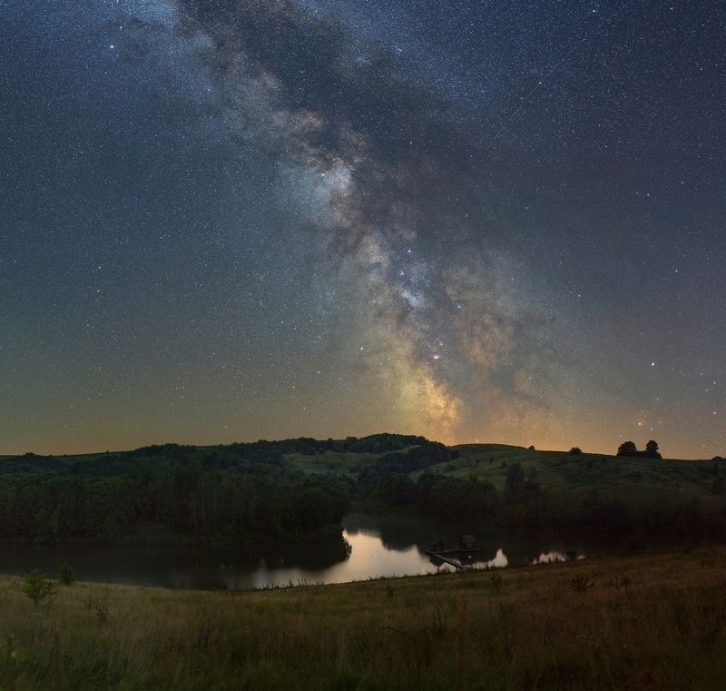 ночь, пруд, небо звезды, млечный путь, небо Млечный путь фото превью