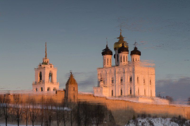 псков, река, великая, собор, троицкий, история, крепость, отражение, закат, вода ... фото превью