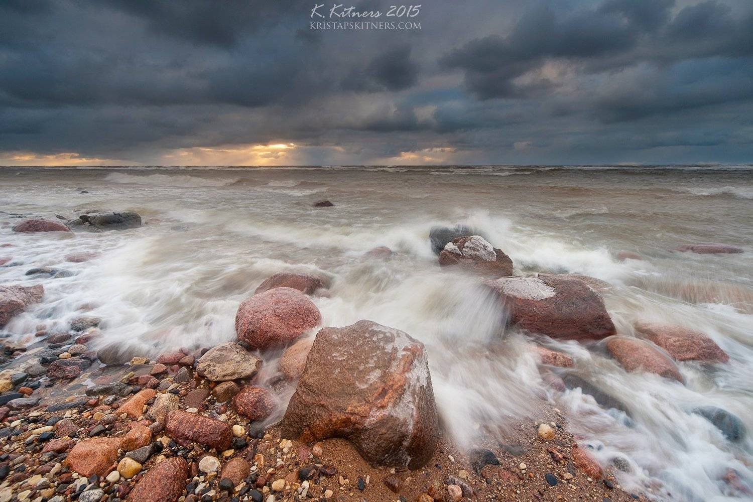 sea, seascape, water, wave, storm, sky, clouds, stone, reflection, sunset, evening, latvia, Kristaps Kitners
