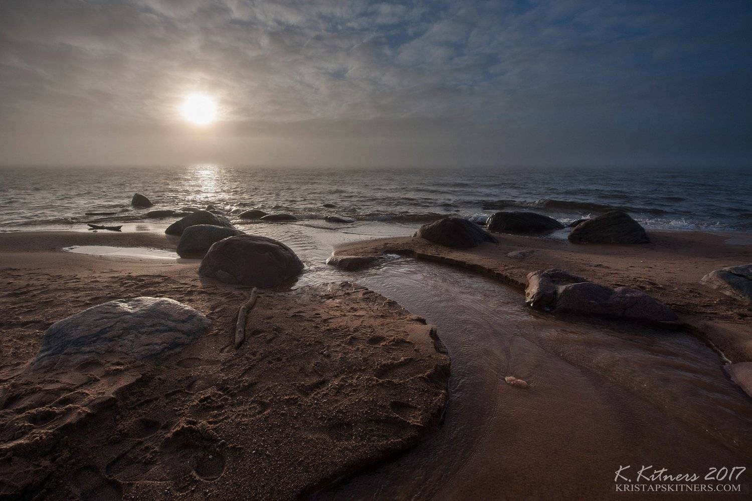 sea river seascape water sky clouds stone fog smoke reflection sunset evening latvia, Kristaps Kitners