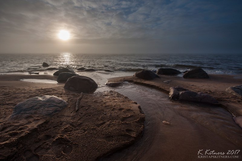 sea river seascape water sky clouds stone fog smoke reflection sunset evening latvia Fog On The Sea фото превью
