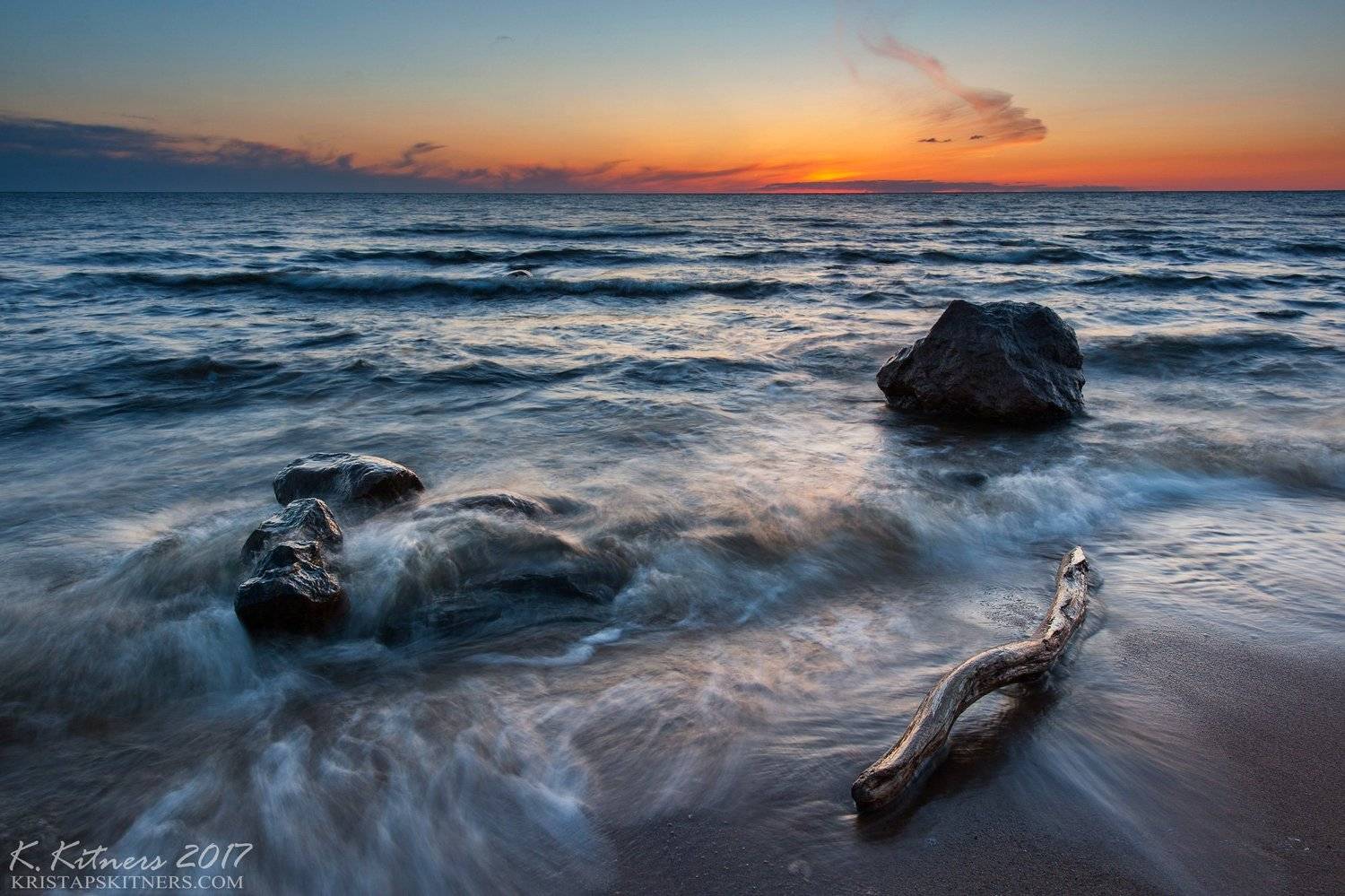 sea seascape water sky clouds stone sand stream flow tree wood reflection sunset evening latvia, Kristaps Kitners