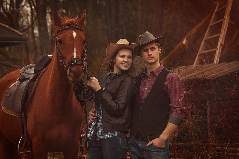 любовь, лошади, ковбои, лес, природа, прогулка на лошадях Любовь и лошади фото превью