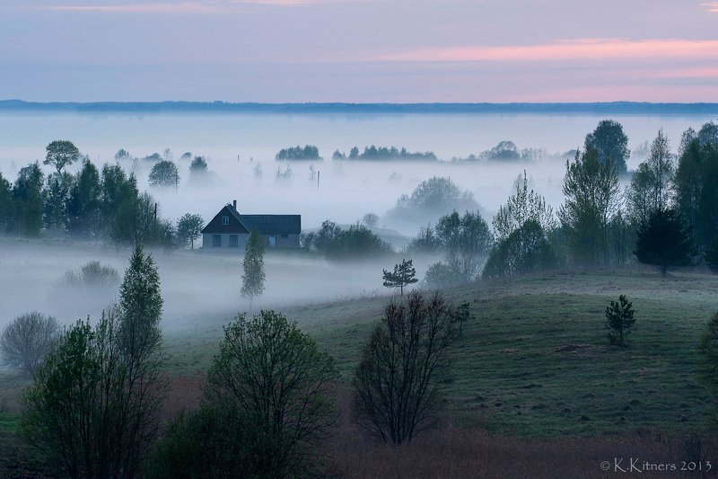 fog, house, tree, forest, lake, sky, evening, hill, field, grass, latvia, summer The Foggy Evening фото превью