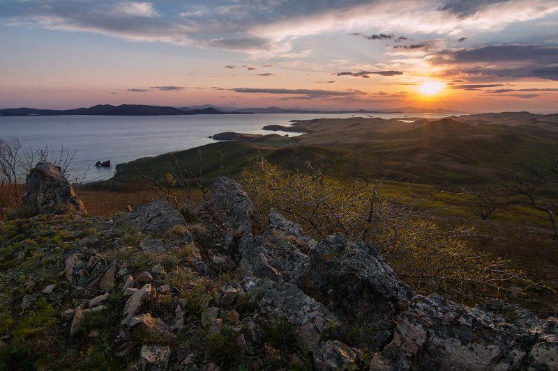 полуостров краббе, приморский край, закат, море Закатная фото превью