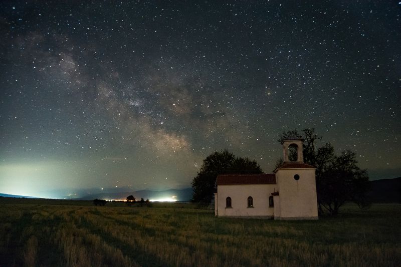 Milky Way, star, sky, landscape, church, tree, night, light Milky Way фото превью